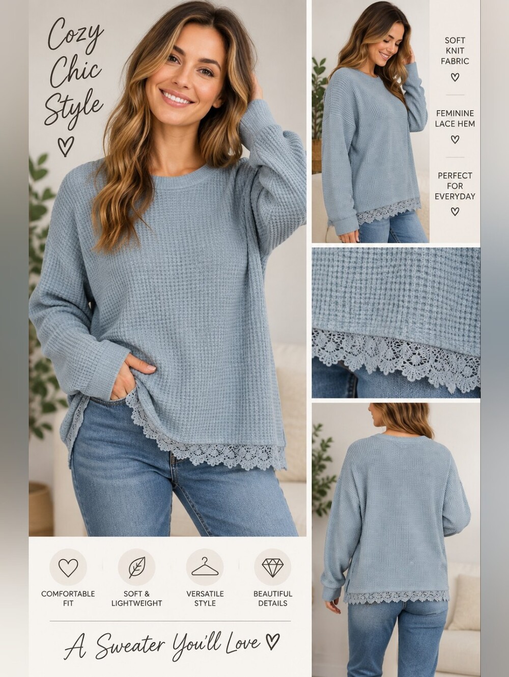 Eyeshadow women's XL blue lace long sleeve top #02